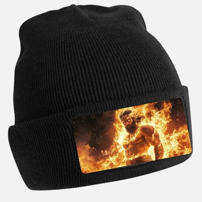 Black Beanie Hat with Cool Ares on Fire Motif - Unisex Cap, Cotton