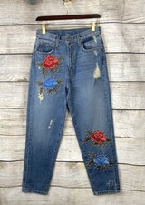 CARMAR Jeans High Waisted Distressed Embroidered Studded Size 26