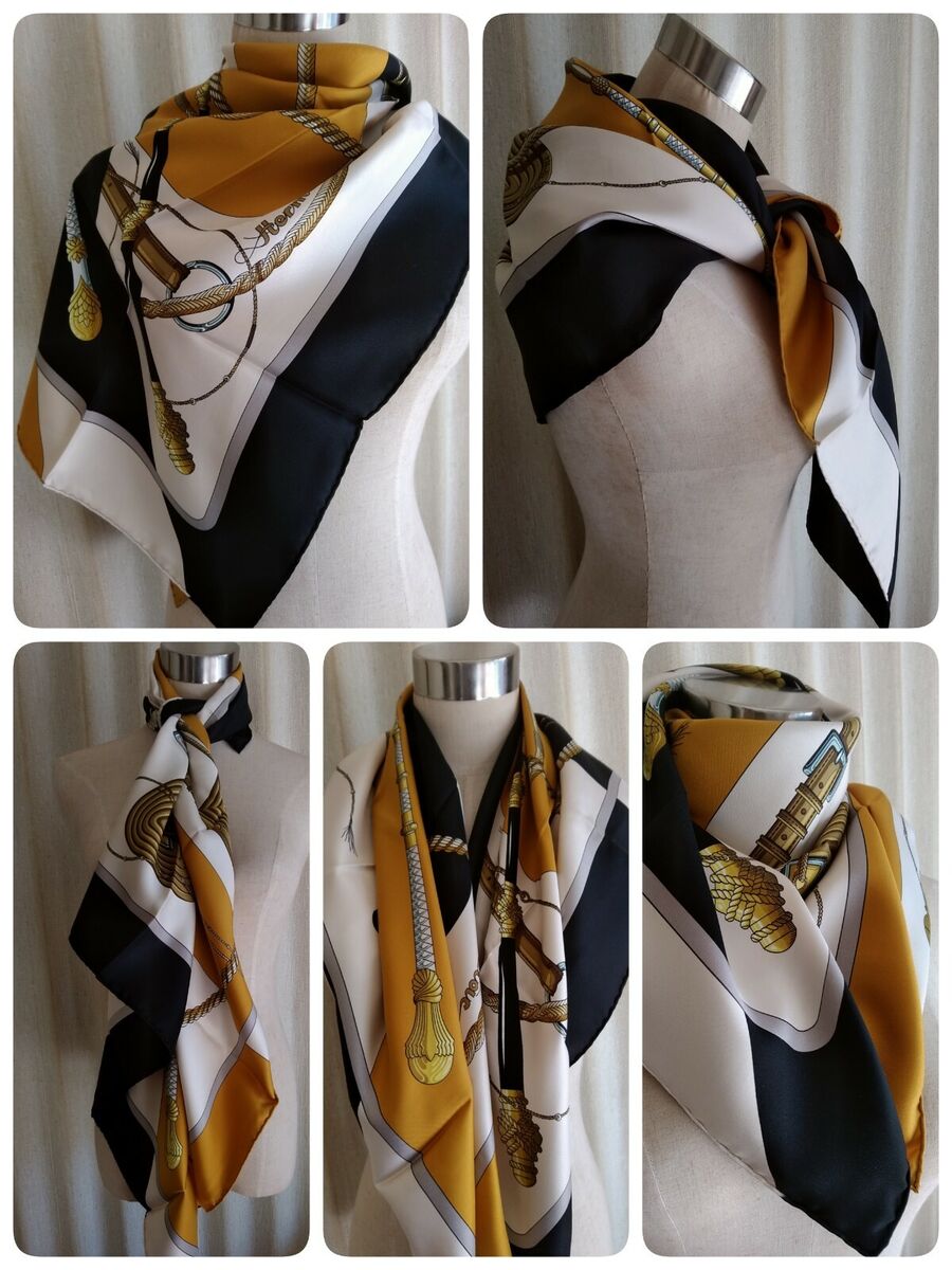 HERMES Scarf Carre 90 Clic-Clac Silk 100% Black, ocher, etc HERMES Scarf Carre 90 Clic-Clac Silk 100% Black, ocher, etc