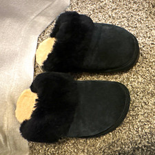 Old Friend Women  s Black Suede Faux Fur Lined Slip-On Slippers Size 5.5