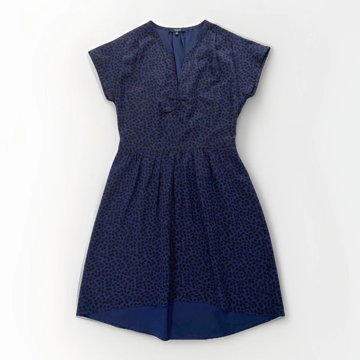 madewell silk fable dress Madewell Womens Navy Blue Fable Leaf Print Silk Office Casual A-Line Dress 4 S