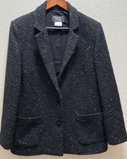 Authentic CHANEL Black Tweed Jacket Silk Lining CC Buttons Made in France FR 42
