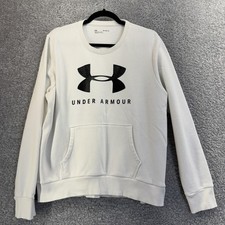 Under Armour Sweatshirt Mens XL White Loose Fleece Crewneck Kangaroo Pocket Logo
