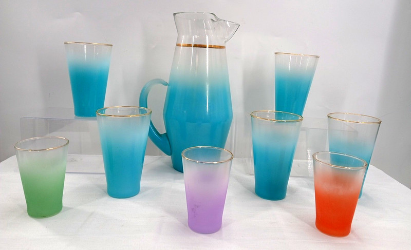 MCM Blendo Frosted Blue Pastel Pitcher 8 Glasses Tumbler Set Green Purple Orange