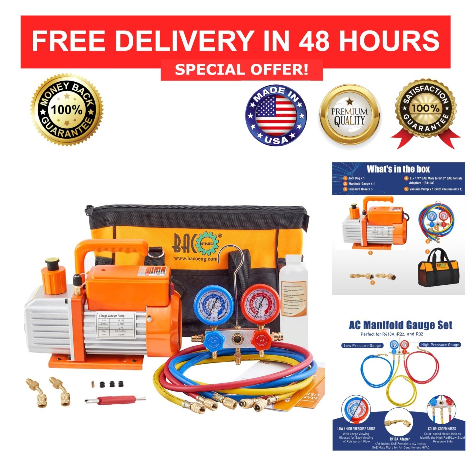 BACOENG R32 AC Vacuum Pump & Gauge Set 4 CFM HVAC Kit for Mini Split