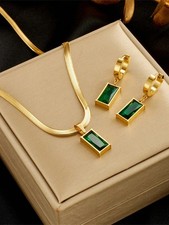 Womens Necklace Earrings Set Pendant Gold Stainless Steel Chain Party Fashion US
