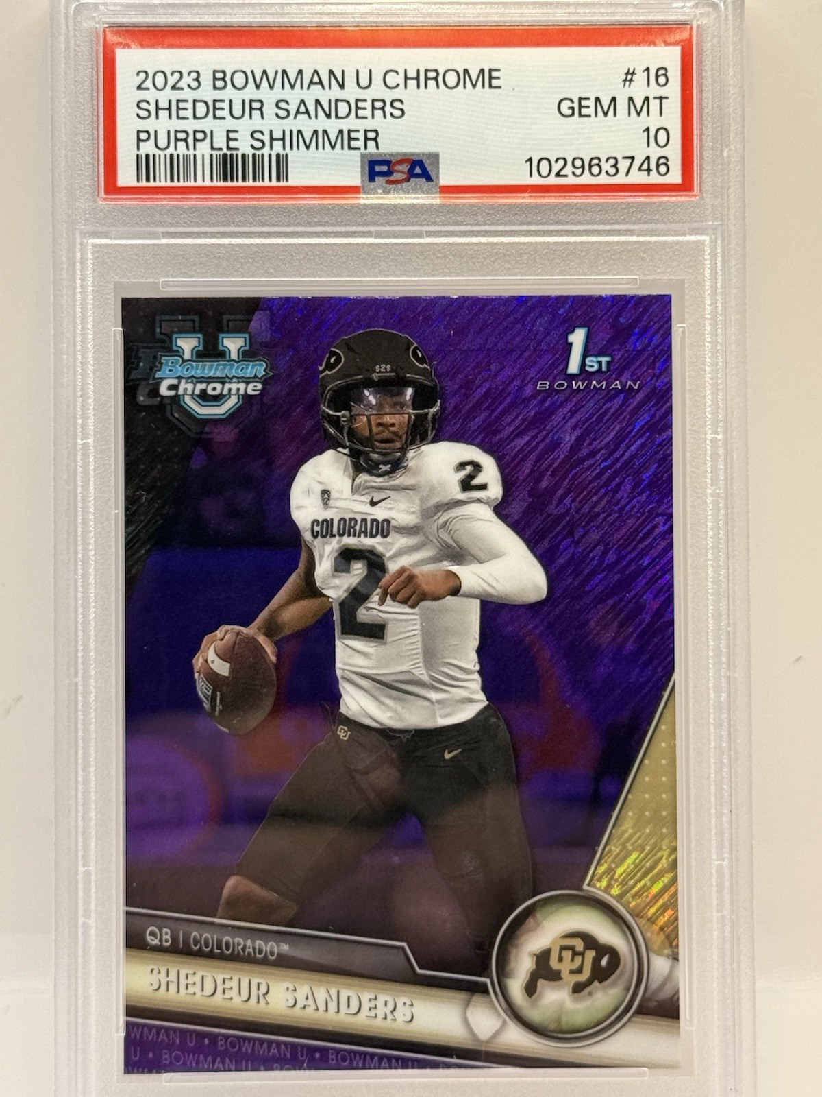 SHEDEUR SANDERS 2023 Bowman U Chrome Purple Shimmer #16 PSA 10 1st