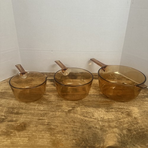 Vintage Amber Corning Vision Ware 2.5 Liter, 1.5 Liter, 1 Liter No Lids Lot Of 3