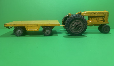 Vintage Hubley Toy Tractor Farmall H w/ 4 Wheel Flat Bed Trailer