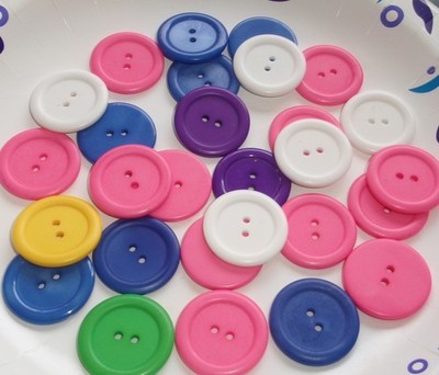LOT OF 28 Assorted colors-1& 1/16th INCH 2 hole raised edge BUTTONS, NEW