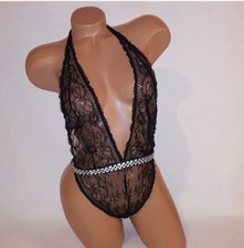 Victoria Secret Lingerie Teddy One Piece Bodysuit XS Black Lace Shine New