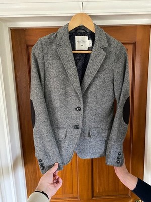 H&M Woll Tweed Blazer Sakko Gr. 6 Fischgrät Ellenbogen Patches Hacking Country