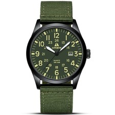 Men's Tactical Quartz Watch Nylon Strap Luminous Military Green Analog 42mm Dial