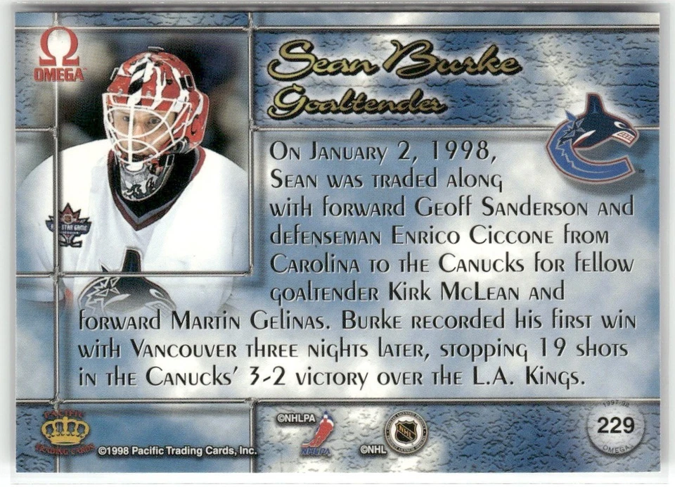 1997-98 PACIFIC OMEGA SEAN BURKE VANCOUVER CANUCKS #229 - Image 2 of 3