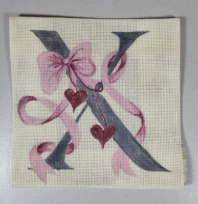 Hand Painted Needlepoint Canvas The Letter X Hearts Ribbons Bows TK69