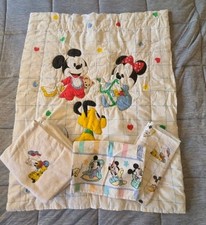 Vintage Disney Baby Quilt  Sheets Set Mickey Mouse Minnie Pluto Nursery Bedding