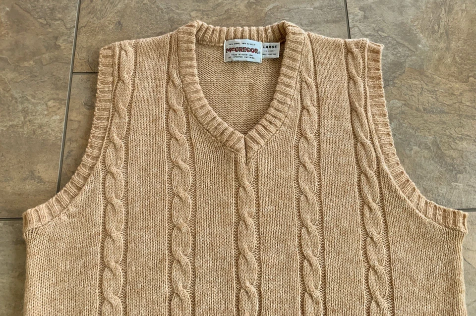 Chaleco suéter tejido con cable mezcla de lana McGregor vintage para hombre tostado grande hecho en EE. UU. Foto 2 de 4