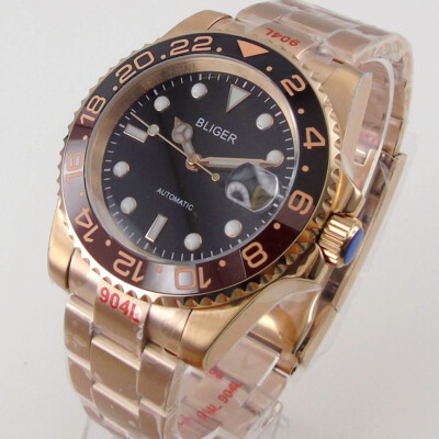 40mm Bliger Black Drose Golden Ceramic Bezel NH35 Automatic Mens Watch Date