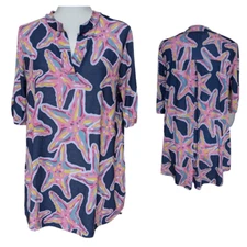 Simply Southern Savannah Starfish Tunic Blouse Size S Pink Blue Yellow Navy Teal