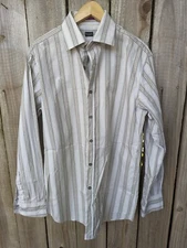 Paul Smith French Cuff Shirt Striped Large 16/41 Cotton Khaki Pale Yellow Gray