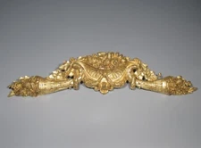 Large Antique French Gilded Bronze Furniture Pediment Decoration, Cornucopias