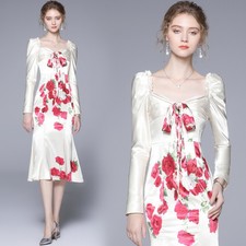 Floral Printed Dress Retro Square Neck Puff Sleeve Fishtail Skirt Womens Party