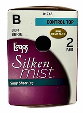 Silken Mist Sun Beige Silky Sheer Control Top Pantyhose 2 Pair Pack Sz B
