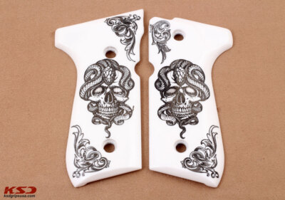 KSD Black Acrylic Grips For Beretta 92FS, M9 Series - Silver Frame & Mine Logo Design - View #9