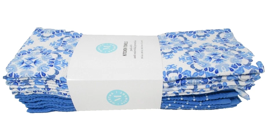 Juego de toallas de cocina Martha Stewart de 8 platos a mano 4 azules florales y 4 lisas Foto 4 de 4