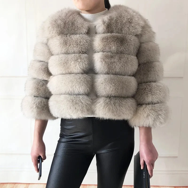 Abrigo corto de piel de zorro real y mapache cálido para mujer INVIERNO con cuello Foto 4 de 4