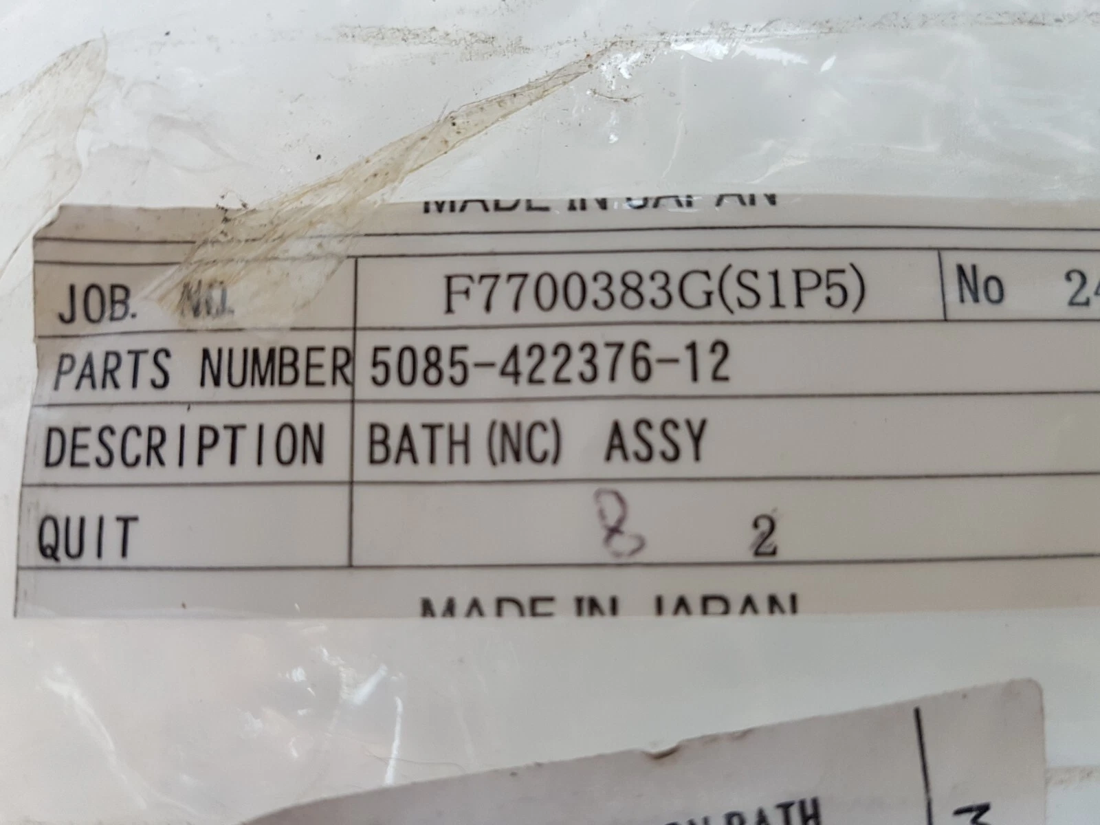 Bag label: parts number 5085-422376-12, description BATH (NC) ASSY, made in Japan