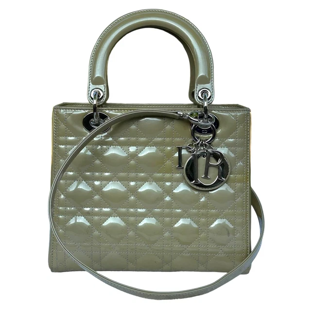 Christian Dior Lady Green Pearl Silver Cannage Patent Leather Zip Two-Way Purse