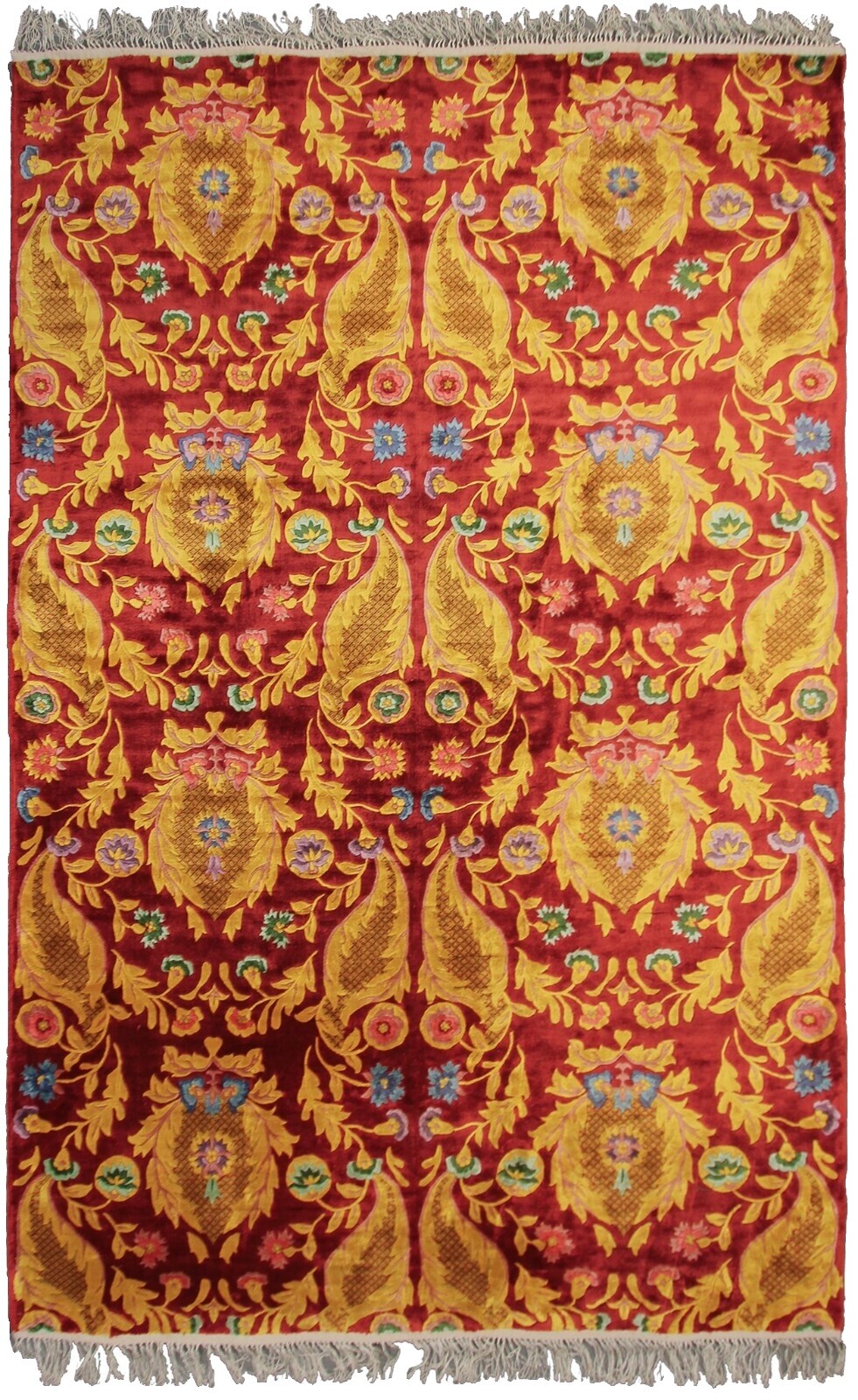 Framed Nanjing Yunjin tapestry with peony and phoenix motif, mounted in a polished hardwood frame.