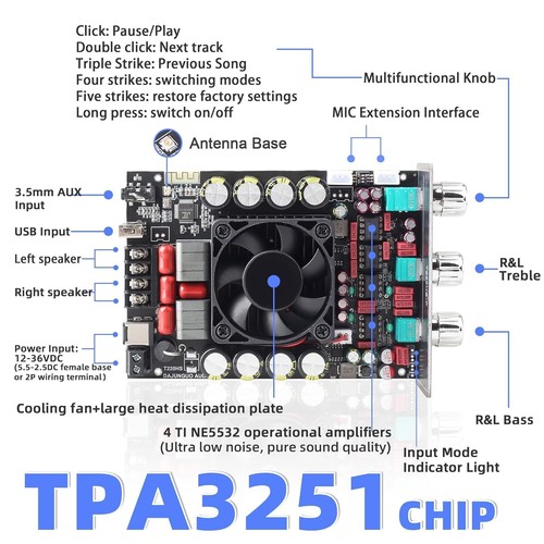 Compact 220W Dual Channel Power Amplifier with USB & AUX Inputs - 5.22 x 3.14 in - Picture 4 of 8