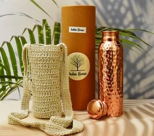 100% Pure Copper Hammered Bottle with 2 glasses, 2 straw 2 coasters/Water Bottle