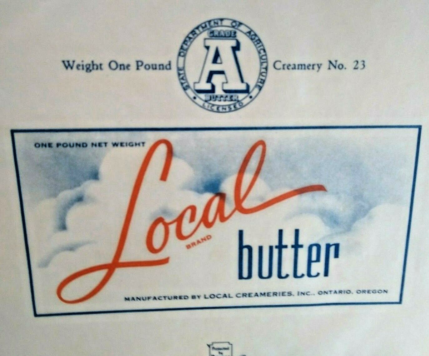 Butter Wrapper Local Brand Oregon One Pound Vintage Original Label 1940's NOS