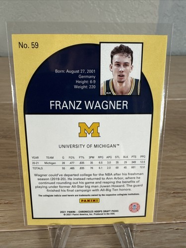 2021 Chronicles NBA Hoops #59 Franz Wagner Green Michigan Magic Rookie NM+ - Picture 3 of 3