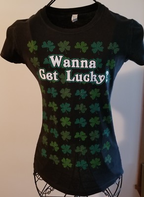 Optima ~ Women's Size Medium ~ Cotton ~ Black Tee ''Wanna Get Lucky?''