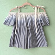 Milly Blue White Striped Ombre Off Shoulder Tie Strap Top Petite P Made in USA