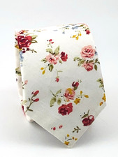 Floral Tie cotton Men s Necktie White with Pink Red Floral Skinny 58X2.40