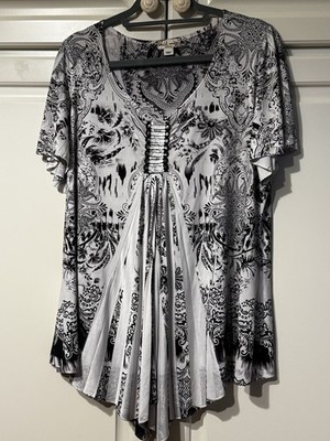 NWOT Blouse WORLD UNITY Cap Sleeve WHITE/BLACK Paisley Sequin Summer TopTunic 1X