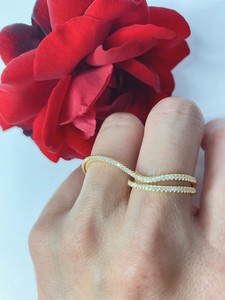 Authentic Women's 14K Yellow Gold Plated Lab Diamond Wave Crossover Two Finger Ring