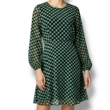 Vintage 1960s Mod Pop Flower Green Blue Sheer Billowy Dress sz M