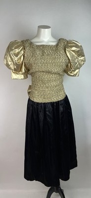 Vintage 80s Gold stretch top Giant Puff Sleeve Party Prom Dress + Bow 7/8