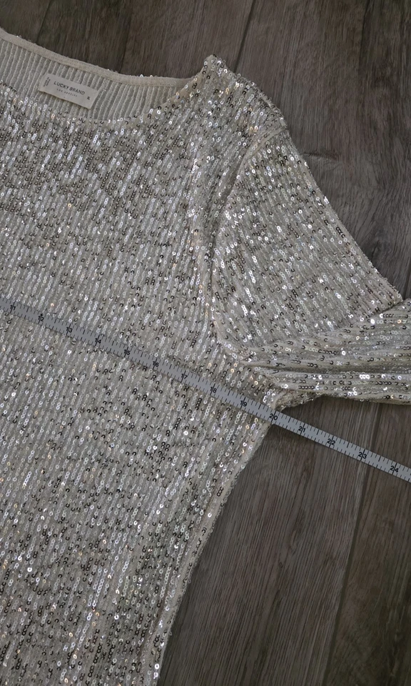 Pullover para mujer Lucky Brand XL súper lentejuelas brillante marfil plateado dorado LS Top Foto 4 de 4