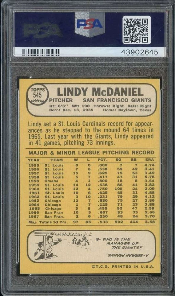 1968 TOPPS #545 LINDY MCDANIEL PSA 9 GIANTS *B68534 - Image 2 of 2