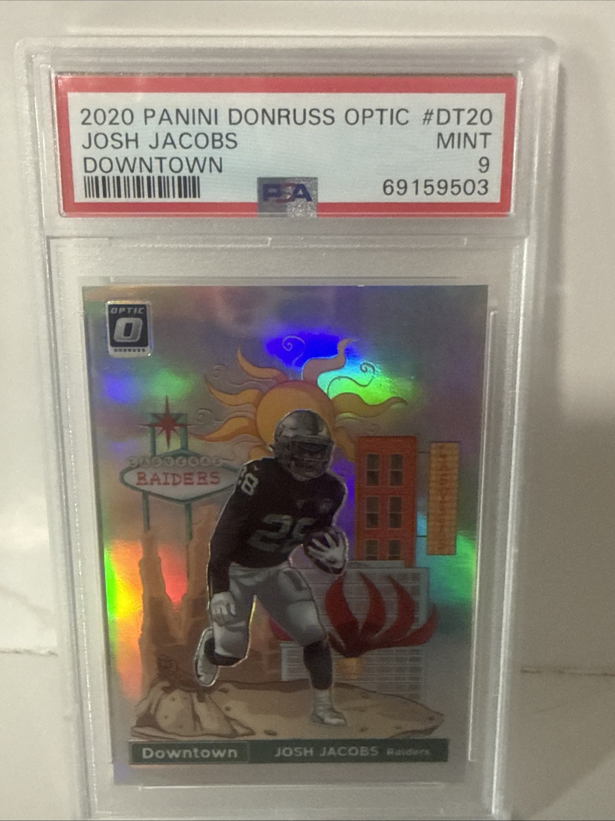 2020 PANINI DONRUSS OPTIC DOWNTOWN #DT20 JOSH JACOBS PSA 9 - READ DESC 