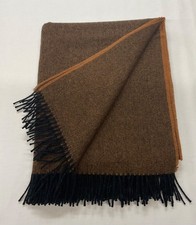 PURE WOOL Fringed Throw/Blanket/UK WOVEN.Light Brown /Black Herringbone.Free P+P
