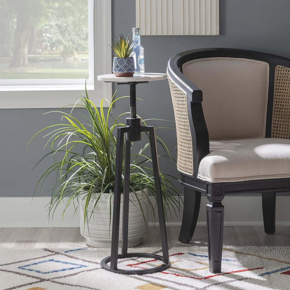 Muriel White Marble Top Drink Table with Industrial Style Black Metal Adjusta... - Image 2 of 4