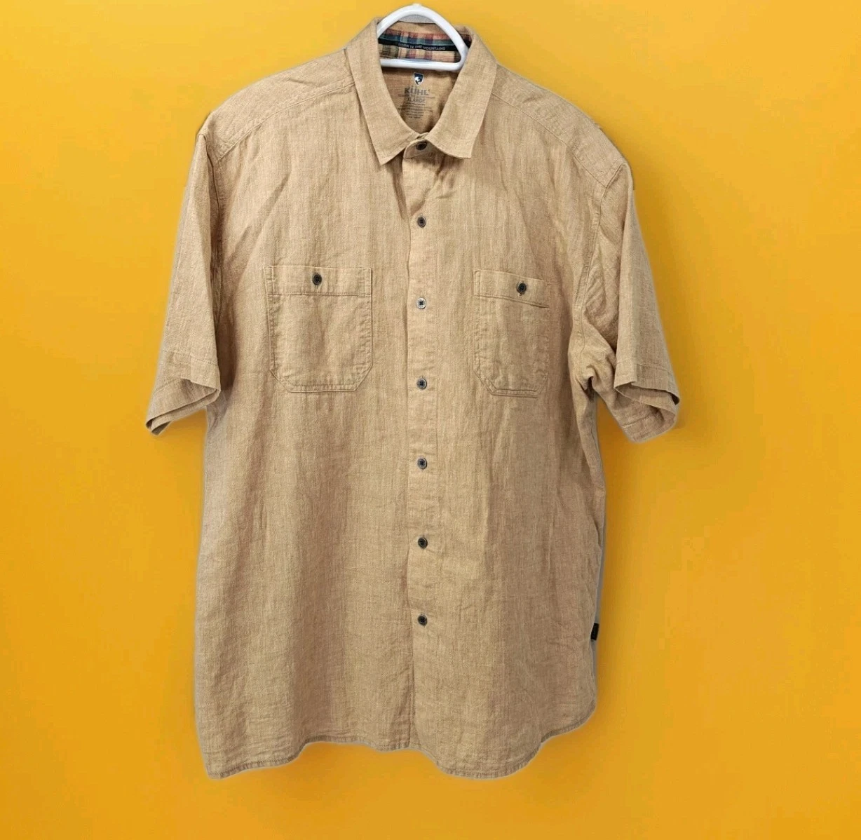 Kuhl Button Shirt Mens XL Yellow Linen Blend Short Sleeve Outdoor Hiking Casual